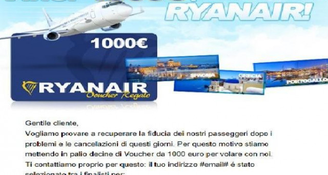 L'ultima versione della truffa del buono via email: in palio 1000 euro da spendere in voli Ryanair. Ma c'è anche chi promette acquisti gratis su Amazon o coupon spesa nei supermercati Lidl.