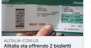 Ecco la nuova truffa che corre via web: Alitalia offre due biglietti gratuiti per il suo anniversario, vera è invece la promo smile days da 29 euro.