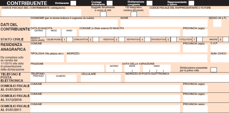 DATI ANAGRAFICI 730   Modello n. : indicare 1 se è il primo modello che si compila. Se si compila più di un modello indicare il numero del modello; COMPILAZIONE 730 Contribuente: La casella dichiarante deve essere barrata da chi presenta la dichiarazione e compare quindi nei dati anagrafici del frontespizio. In caso di dichiarazione presentata insieme al coniuge occorre barrare la casella dichiarazione congiunta ( l’ altro coniuge dovrà invece barrare la casella coniuge dichiarante). In caso di presentazione della dichiarazione al posto dell’ incapace o del minore occorre spuntare la casella rappresentante o tutore ed inserire i relativi