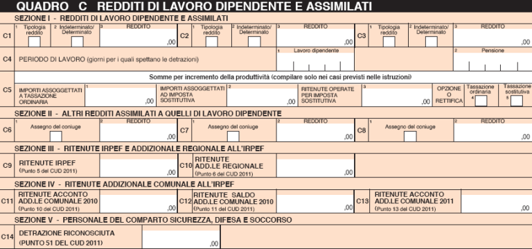 MODELLO 730 2011 – QUADRO C: Redditi di lavoro dipendente e assimilati   Redditi di lavoro dipendente e assimilati Il quadro C raggruppa i redditi da lavoro dipendente, di pensione ed i redditi assimilati ( cioè i compensi corrisposti ai medi , i compensi agli amministratori e politici, le borse di studio tassabili, ecc.).   Questo quadro si suddivide in cinque sezioni: I – E’ la sezione dove sono inseriti i redditi da lavoro dipendente; II – Vanno inseriti gli altri redditi assimilati ed altri redditi da lavoro dipendente; III – Occorre inserire le ritenute Irpef ed addizionali regionali Irpef