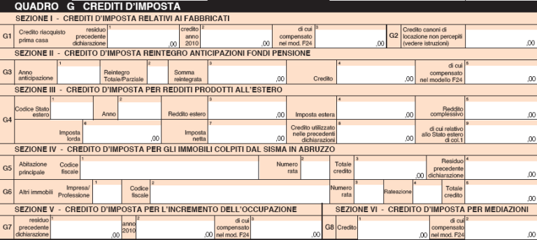 MODELLO 730 QUADRO G   In tale sezione è possibile indicare i crediti di imposta derivanti da redditi prodotti all’estero da residenti in Italia, redditi sui fabbricati, incremento dell’ occupazione , sulle mediazioni,ecc. SEZIONE I – CREDITI DI IMPOSTA RELATIVI AI FABBRICATI In questa sezione occorre inserire i crediti di imposta relativi al riacquisto della prima casa o dei canoni di locazione percepititi. 730 RIGO G1 – Credito d’imposta riacquisto prima casa 2011– In tale sezione occorre indicare il credito d’ imposta maturato a seguito del riacquisto della prima casa; Colonna 1 Residuo precedente dichiarazione – Riportare il residuo del