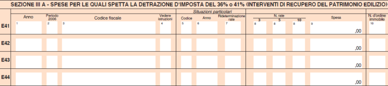     Sezione III A: spese relative ad interventi di recupero del patrimonio edilizio per le quali sono previste detrazioni del 41% o del 36%. Vi rientrano spese per: Manutenzione ordinaria Manutenzione straordinaria Ristrutturazione Restauro e risanamento conservativo Insonorizzazione o cablatura   Requisiti degli immobili: Avere funzione  residenziale Essere censiti all’Ufficio del Catasto Essere in regola con il pagamento dell’Ici Essere situati in Italia   Beneficiari: Proprietario dell’immobile Nudo proprietario Detentore dell’immobile Titolare di un diritto reale di godimento Familiare o convivente del possessore o detentore Futuro acquirente risultante da contratto preliminare   Adempimenti a carico del beneficiario: Trasmettere al
