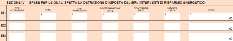     Sezione IV: spese sostenute (nel 2011 o dal 2008 al 2010) per interventi di riqualificazione energetica. Vi rientrano: Riqualificazione energetica di edifici esistenti Interventi sull’involucro Installazione pannelli solari Sostituzione impianti climatizzazione invernali Non vi rientrano: Interventi in fase di costruzione di immobile   Detrazione prevista: 55% Numero rate annuali: 10 per spese del 2011 Fra 3 e 10 per le spese del 2008 5 rate per le spese del 2009 e 2010   Beneficiari: Proprietario Nudo proprietario Titolare di un diritto reale di godimento Detentore dell’immobile Familiare convivente Futuro acquirente   Nota. Le Poste e le Banche devono