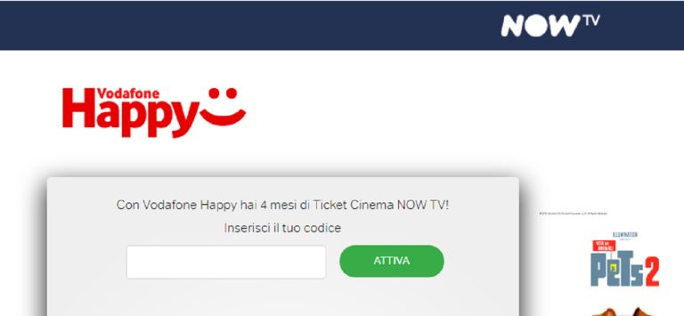Con Vodafone Happy in regalo 4 mesi di Now Tv: si risparmieranno 9,99 euro al mese.