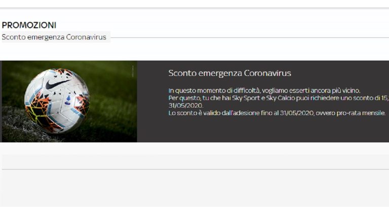 Super sconto per emergenza Coronavirus per chi ha pacchetto Sport e Calcio: ecco come fare.