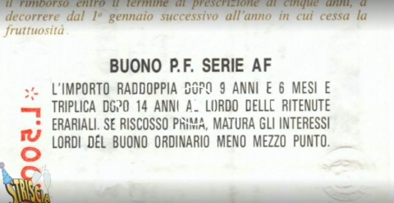 Il caso assurdo di una risparmiatrice raccontato da Moreno Morello di Striscia la Notizia inerente a buoni fruttiferi postali ventennali.