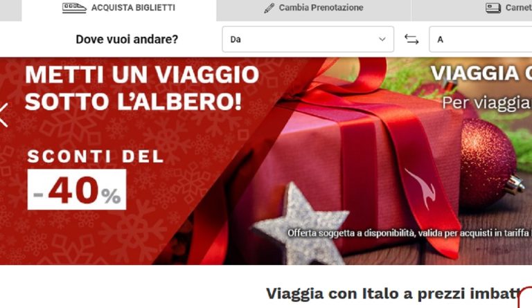 Metti un viaggio sotto l'albero: offerte Italo Treno con sconti fino al 40% e Trenitalia, Natale è servito.