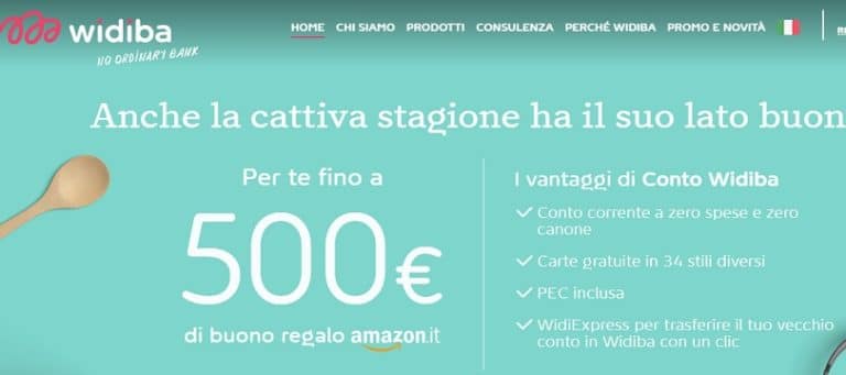Chi aprirà un conto corrente Widiba entro e non oltre l'8 novembre 2017 potrà avere in omaggio un buono regalo Amazon fino a 500 euro. Ecco le info e e caratteristiche del conto.
