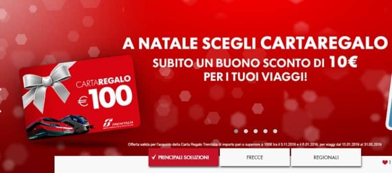 Acquista una carta regalo e ricevi 10 euro di buono sconto: ecco la promozione di Natale 2018 di Trenitalia.