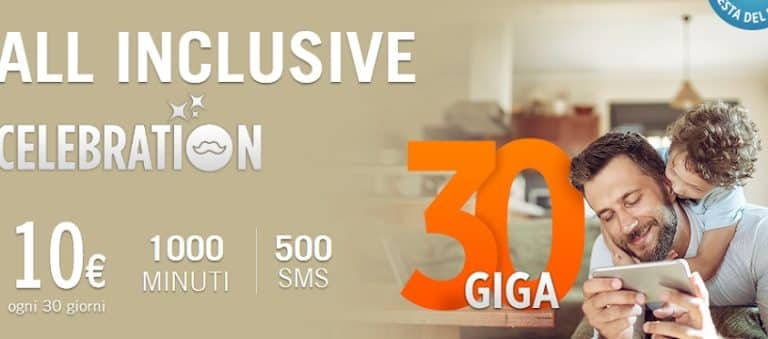 Oggi 19 marzo 2018 Wind per la festa del papà lancia l'offerta Celebration a 10 euro con 30 Gb di internet in 4G e mille minuti. Inoltre chi ricaricherà avrà il 10% i  più di ricarica. Qui le info.