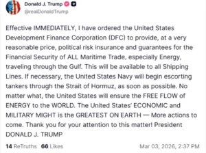 Post di Trump su Truth